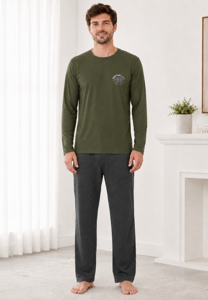 Pijama barbati Serena cu maneca lunga si pantalon lung- Verde,Engros
